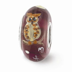Sterling Silver Purple Hand Painted Owl Glass Bead Charm hide-image