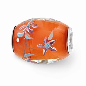Sterling Silver Orange Hand Painted Floral Glass Bead Charm hide-image