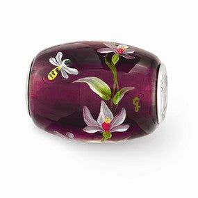 Sterling Silver Purple Hand Painted Magnolias Glass Bead Charm hide-image