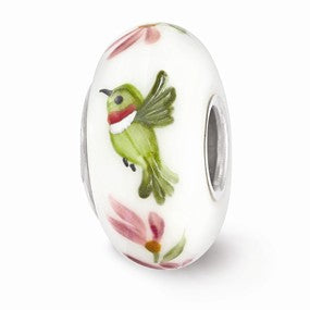 Sterling Silver White Hand Painted Hummingbird Glass Bead Charm hide-image