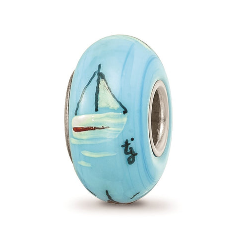 Blue Hand Painted Sailboats Glass Charm Bead in Sterling Silver