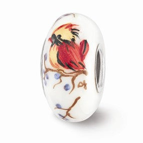Sterling Silver White Hand Painted Lady Cardinal Glass Bead Charm hide-image