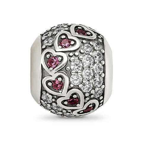 CZ & Red Corundum Hearts Charm Bead in Sterling Silver