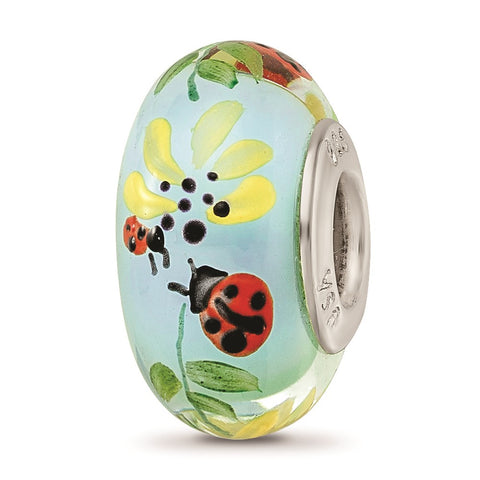 Hand Painted Lady Bug Love Fenton Glass Charm Bead in Sterling Silver