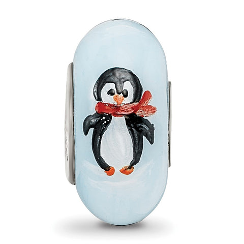 Hand Painted Penguin Frolic Fenton Glass Charm Bead in Sterling Silver