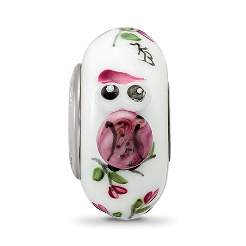 Hand Painted Two Hoots For You Fenton Glass Charm Bead in Sterling Silver