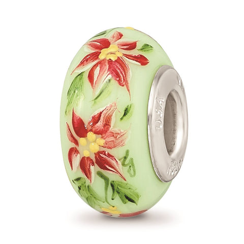 Hand Paint Poinsettia Decemb. Fenton Glass Charm Bead in Sterling Silver