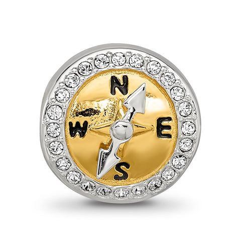 Gold Tone CZ Moveable Compass Charm Bead in Sterling Silver