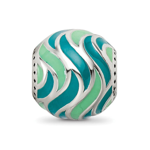 Mint & Teal Enameled,Silver Ip-Plated Charm Bead in Sterling Silver