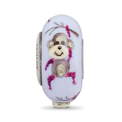 Hand Painted Monkey,Purple Glass Charm Bead in Sterling Silver