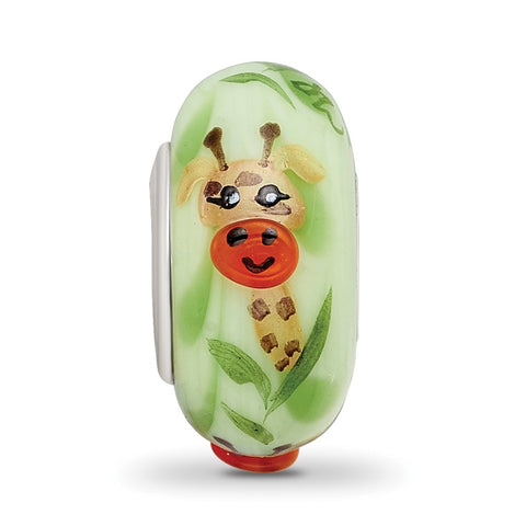 Hand Painted Giraffe,Green Glass Charm Bead in Sterling Silver