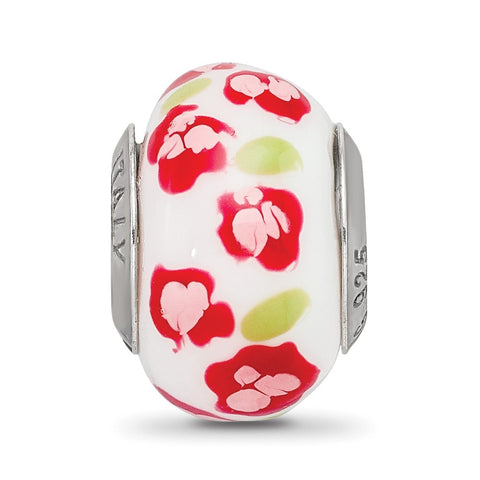 Red,Pink Flower Italian Glass Charm Bead in Sterling Silver