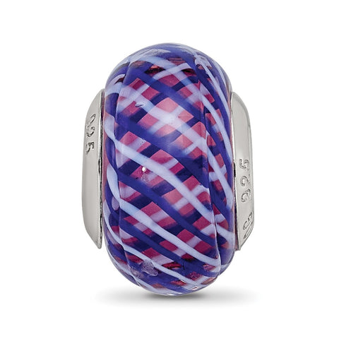 Navy And White Weaved W,Pink Glass Charm Bead in Sterling Silver