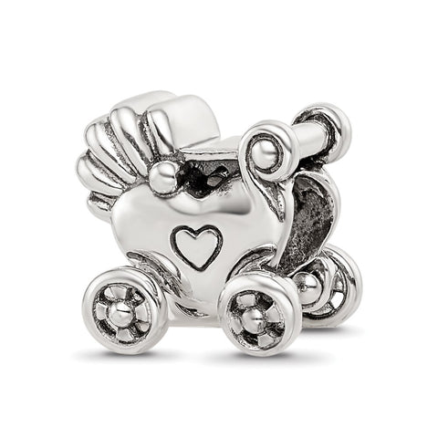 Antiqued Baby Carriage Moveable Wheels Charm Bead in Sterling Silver