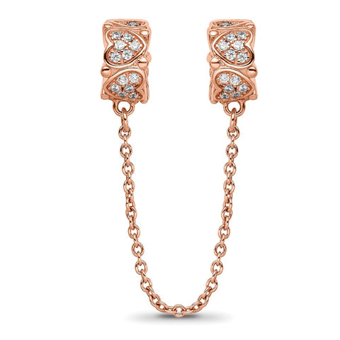 Rose-Tone CZ Security Chain Heart Charm Beads, in Sterling Silver