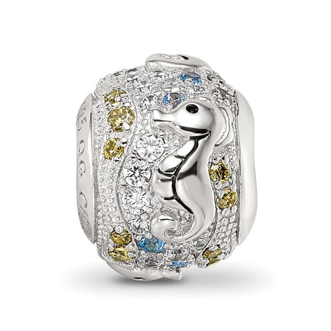 CZ & Blue Spinel Sea Horse Charm Bead in Sterling Silver