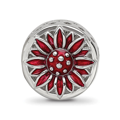 Red Enamel Flower Charm Bead in Sterling Silver