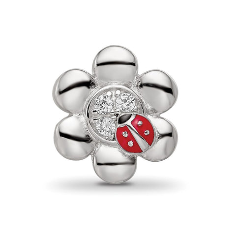 Enameled CZ Ladybug Flower Charm Bead in Sterling Silver