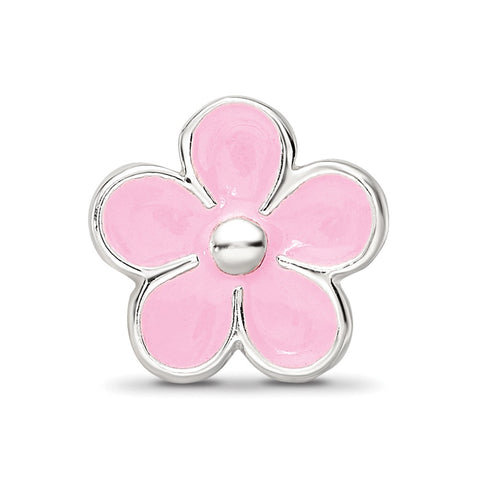 Pink Enamel Flower Charm Bead in Sterling Silver