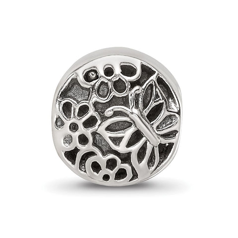 Antiqued Butterfly,Flower Design Charm Bead in Sterling Silver