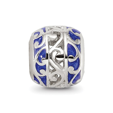 Blue Enamel Swirl Design Charm Bead in Sterling Silver