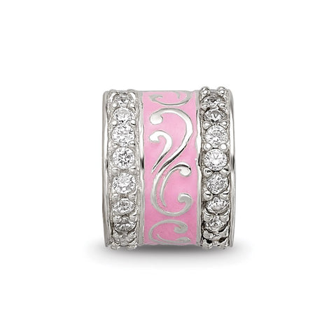Pink Enamel CZ Swirl Design Charm Bead in Sterling Silver