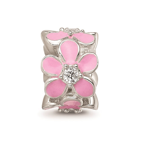 Pink Enamel CZ Floral Charm Bead in Sterling Silver