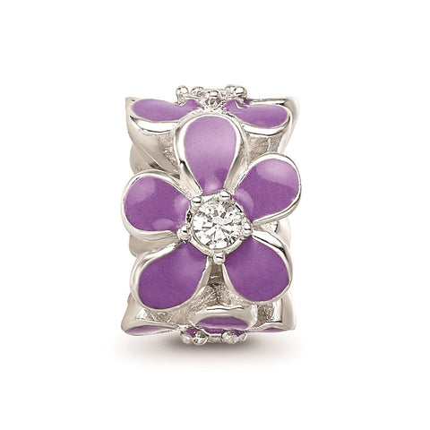 Purple Enamel CZ Floral Charm Bead in Sterling Silver