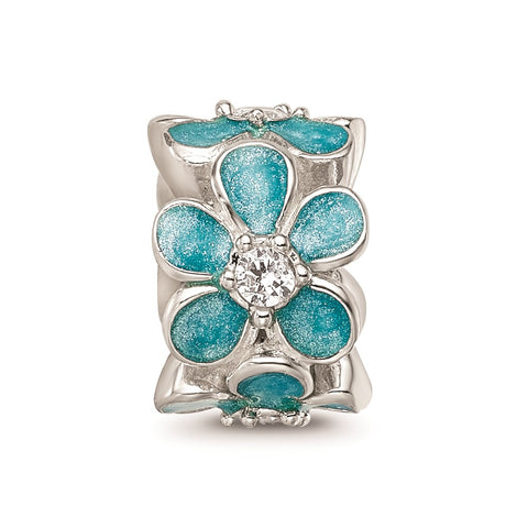 Teal Enamel CZ Floral Charm Bead in Sterling Silver