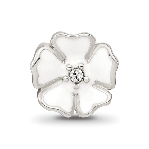 White Enamel CZ Flower Charm Bead in Sterling Silver