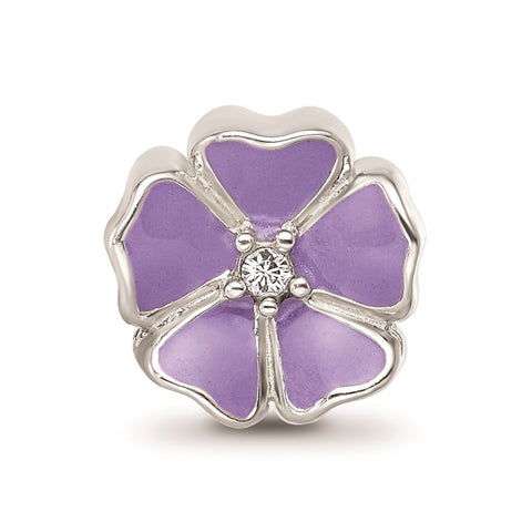 Purple Enamel CZ Flower Charm Bead in Sterling Silver
