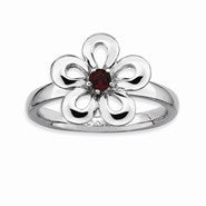 Sterling Silver Polished Garnet Flower Ring