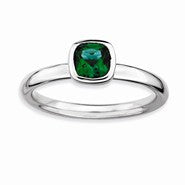 Sterling Silver Cushion Cut Emerald Ring