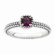 Sterling Silver Checker-cut Rhodolite Garnet Antiqued, Size 6, Jewelry Ring