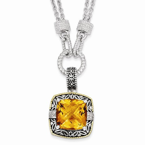 14K Yellow Gold and Silver Citrine & Diamond Necklace