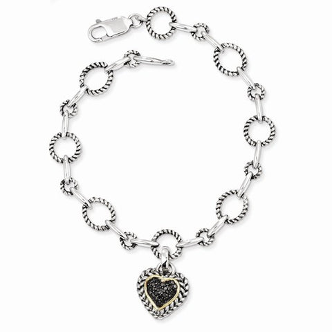 Sterling Silver with 14K Yellow Gold Black Diamond Heart Link Bracelet