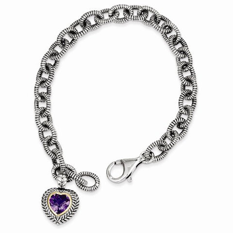 Sterling Silver with 14K Yellow Gold Amethyst Heart Link Bracelet