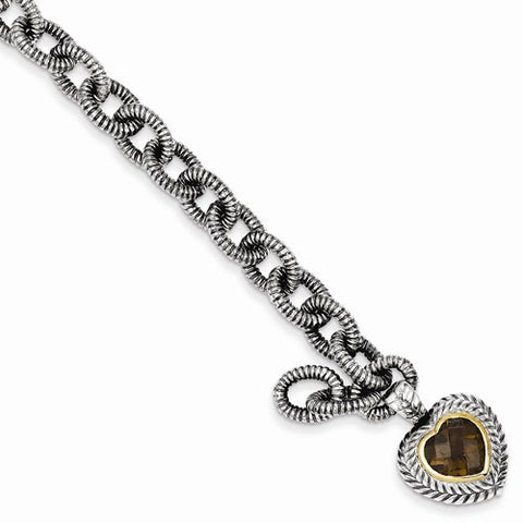 Sterling Silver with 14K Yellow Gold Smokey Quartz Heart Bracelet