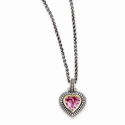 14K Yellow Gold and Silver Created Pink Sapphire Necklace