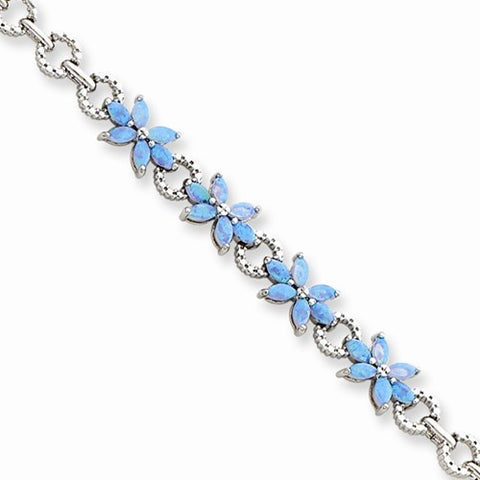 Sterling Silver Blue Created Opal Flower Bracelet