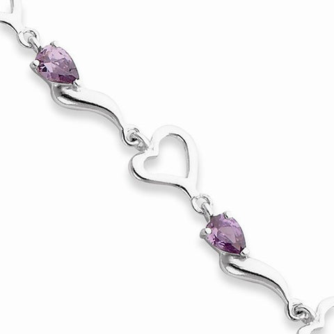 Sterling Silver & Amethyst Polished Fancy Link Heart Bracelet