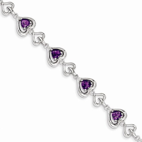 Sterling Silver Diamond & Heart Link Amethyst Bracelet