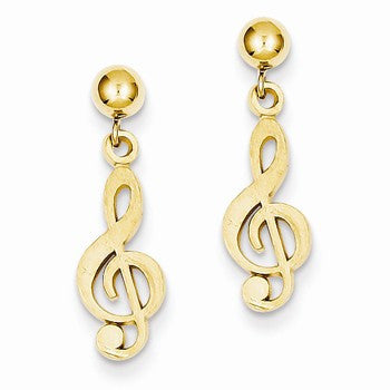 14k Yellow Gold Polished Diamond-Cut Treble Clef Dangle Post Earrings