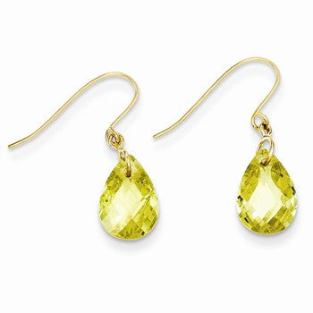 14k Yellow Gold Light Green CZ Pear Shaped Dangle Earrings