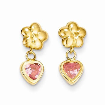 14k Yellow Gold Flower/Heart w/Pink CZ Post Earrings