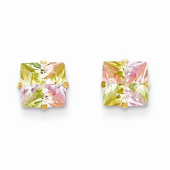 14k Yellow Gold Multi-color CZ 6mm Square Post Earrings