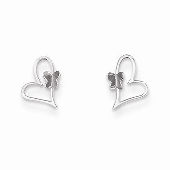 14k White Gold Heart W/Butterfly Post Earrings