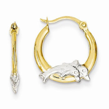14k Yellow Gold Rhodium Dolphin Hoop Earrings