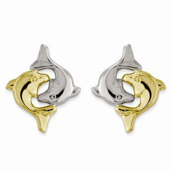 14k Yellow Gold Rhodium Dolphin Post Earrings