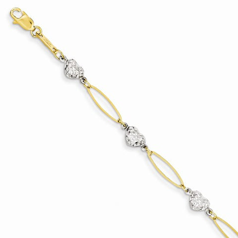 14K White and Yellow Gold Puff Heart & Flat Oval Bracelet